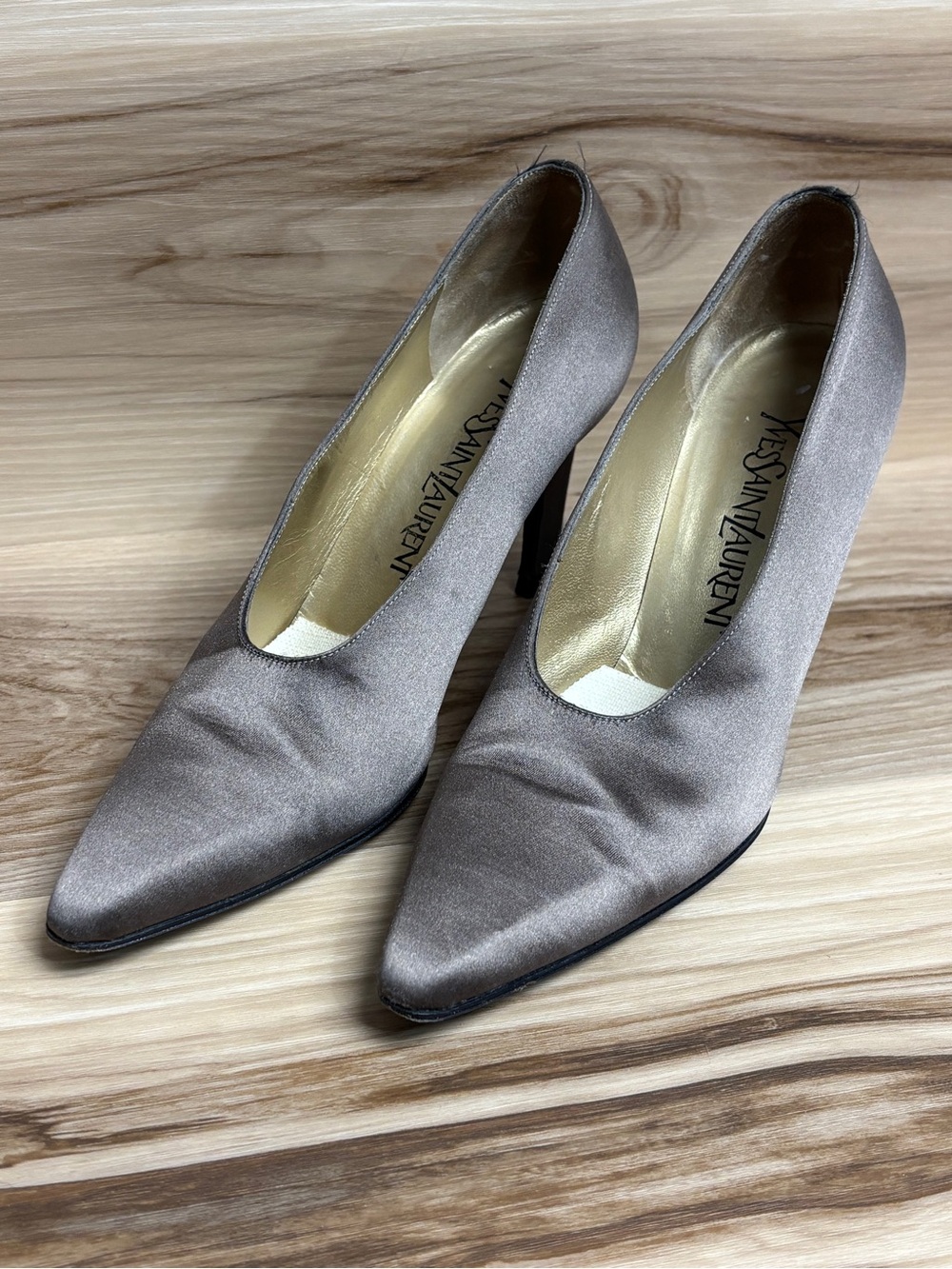 Yves Saint Laurent satin taupe pointed-toe high heel pumps size 6.5